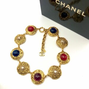 1円 美品 CHANEL シャネル ココマーク マルチ カラーストーン パール ヴィンテージ ゴールド ネックレス アクセサリー a2397