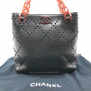 良品 CHANEL シャネル ココマーク キャビアスキン パンチング べっ甲 チェーン ハンド トート バッグ ブラック a2375