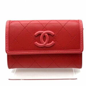 良品 CHANEL シャネル ココマーク マトラッセ ラムスキン コンパクト ケース 財布 ウォレット レッド ga2481