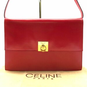 良品 CELINE セリーヌ サークル金具 レザー 2WAY ショルダー セカンド バッグ レッド a2579