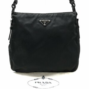 良品 PRADA プラダ テスート ナイロン ロゴプレート チェーン ショルダー バッグ ブラック k1621