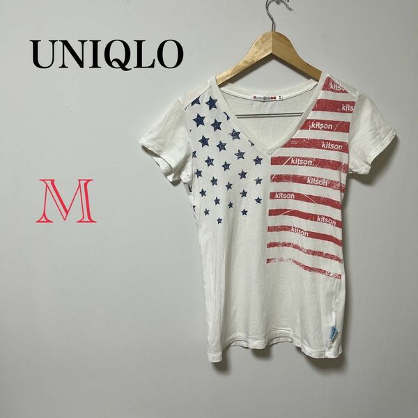 【UNIQLO】レディース古着 シャツ アメリカ USA ロゴ Tシャツ 白 トップス ホワイト 半袖Tシャツ カジュアル