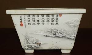 中国古盆器＜中國唐物・南京・色絵、冬景色図・漢詩・繊細画・景徳鎮・時代乗り満点・実用性抜群＞外縁正方鉢・間口１４，０ｃｍ