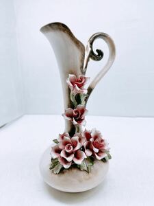 イタリア製★花瓶 フラワーベース 陶器 陶花 薔薇 花びら 花器 置物 インテリア Italy 高さ約26cm ヴィンテージ アンティーク 現状