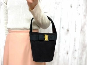 極美品 Ferragamo フェラガモ ヴァラリボン ハンドバッグ バッグ スエード×ナイロンキャンバス×レザー 黒 69029