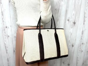 極美品 HERMES エルメス ガーデンパーティ PM トートバッグ ハンド バッグ トワルアッシュ キャンバス×レザー ナチュラル×茶 A4可 69051