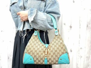 極美品 GUCCI グッチ GGキャンバス ニュージャッキー ハンドバッグ ショルダーバッグ バッグ キャンバス×レザー ベージュ×水色 69721Y