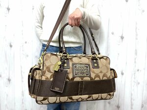 極美品 COACH コーチ シグネチャー ボストンバッグ ショルダーバッグ バッグ キャンバス×レザー 茶 A4収納可 2WAY 69708