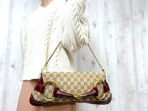 極美品 GUCCI グッチ GG柄 ホースビット チェーンショルダー クラッチバッグ ショルダーバッグ バッグ キャンバス×レザー 2WAY 69963