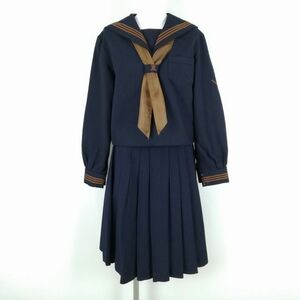 1円 セーラー服 スカート スカーフ 上下3点セット 冬物 茶3本線 女子 学生服 東京関東国際高校 紺 制服 中古 ランクC EY5307