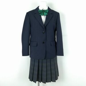 1円 ブレザー チェックスカート リボン 上下4点セット M トンボ 冬物 女子 学生服 中学 高校 紺 制服 中古 ランクB EY6130