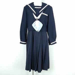 1円 セーラー服 ジャンパースカート スカーフ 上下3点セット 冬物 白1本線 女子 学生服 中学 高校 紺 制服 中古 ランクC EY6321