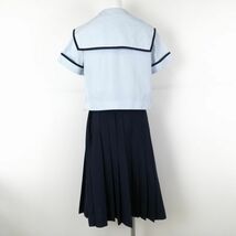 1円 セーラー服 スカート スカーフ 上下3点セット 160A 夏物 青1本線 女子 学生服 佐賀唐津東高校 水色 制服 中古 ランクC EY2068_画像2