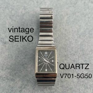 ⑪【中古】vintage SEIKO QUARTZ レトロ V701-5G50 ビンテージセイコークオーツ シルバー 四角文字盤 silver ヴィンテージメンズ腕時計 