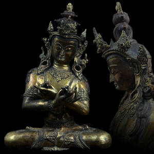 仏教美術 鍍金銅製 菩薩像 坐像 高さ37.6cm 重さ5.2kg［検索/チベット 如来 明王 四天王 神将 羅漢 役行者 佛像］