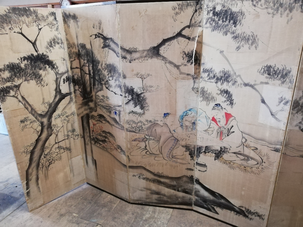 旧家買い出し品 屏風 中国画 時代物 古い 中国古美術 横363㎝高さ177㎝ 老人画 破れあり, 絵画, 水彩, 人物画