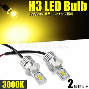 100W級 12V 24V H3 LED フォグランプ ショートバルブ ゴールデンイエロー 黄色 2個 3570チップ 360度 ギガ プロフィア クオン /134-40×2