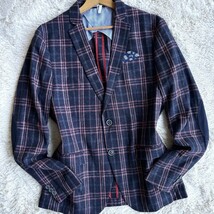 希少2XLサイズ！ZARA MAN ザラ 春ジャケ リネンブレンド テーラードジャケット 麻 54 ネイビー チェック柄 エルボーパッチ メンズ アンコン_画像2