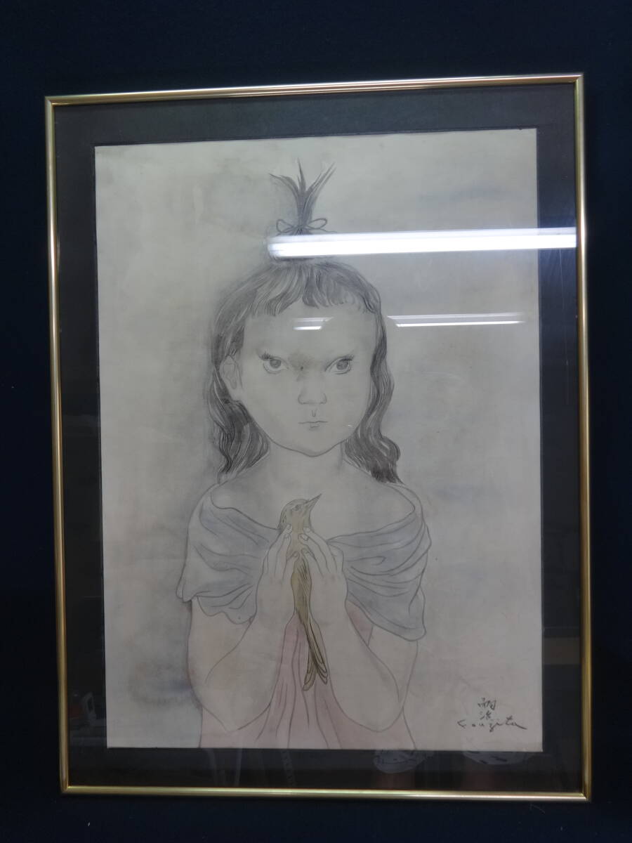 [복제] 후지타 츠구하루, 작은 새와 소녀, 1958년경, 수채화 연필 드로잉, 액자, 레너드 후지타, 손으로 그린, 인쇄되거나 사진을 찍지 않았습니다., 삽화, 그림, 초상화