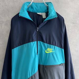 90s NIKE ナイキ ハーフジップナイロンジャケット Mサイズ ネイビー×ブルー×グレー 銀タグ