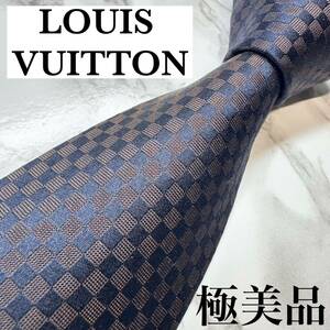 極美品 旧タグ レア LOUIS VUITTON ネクタイ シルク100% マイクロダミエ LVロゴ レギュラータイ ブランドロゴ 刺繍 ネイビー ブラウン