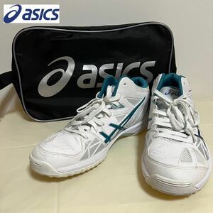 ST■ asics アシックス メンズ 27.5cm バスケットシューズ GELHOOP V8-slim ケース付き ホワイト ターコイズ ブルー バスケ 部活 TBF332 