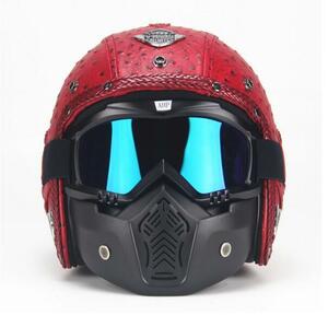 新入荷 バイク ジェットヘルメット ハーレーヘルメット PUレザー バイザー付き ゴーグル マスク付 赤-M
