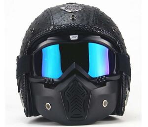 新入荷 バイク ジェットヘルメット ハーレーヘルメット PUレザー バイザー付き ゴーグル マスク付 -L