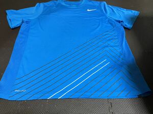 美品NIKEDRI-FIT青、ロゴ白、ライン白、黒、半袖ストレッチトップス　サイズXXL