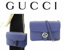 35万新品◆GUCCIグッチ インターロッキングGGブルーレザーショルダーバッグ ミディアム25サイズ 1円_画像1