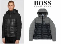 12万新品◆48=M◆BOSS ヒューゴボス 中綿入りフーデッド切替ダウンジャケット灰×濃灰 1円_画像1