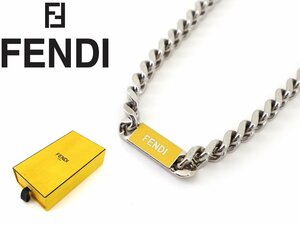 12万新品◆FENDI フェンディ 黄ロゴプレート 真鍮メタル シルバーチェーンネックレス 1円