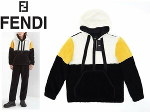 42万新品◆54=XL◆FENDI フェンディ シルク混ウール ムートンプルオーバー 黒×オフ白×黄 1円