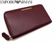 7万新品◆EMPORIO ARMANI アルマーニ ボルドーロゴ入りレザーラウンドジップ長財布1円_画像1