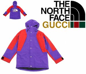 30万新品◆S◆グッチ GUCCI×THE NORTH FACEコラボ 紫×赤 ロゴプリント中綿ブルゾン 1円