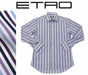 8万新品◆45=3XL◆エトロ◆紫青系マルチカラー 爽やかコットンダブルカフスシャツ【ETRO】1円