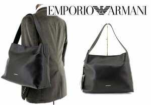 15万新品◆EMPORIO アルマーニ 黒レザー ワンハンドルホーボー型ショルダーバッグ インナーポーチ・ミラーチャーム付き 1円