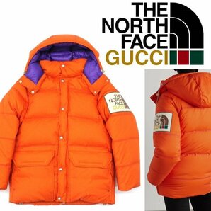 35万新品◆XL◆グッチ GUCCI×THE NORTH FACEコラボ 橙 ロゴプリントダウンジャケット 1円の画像1