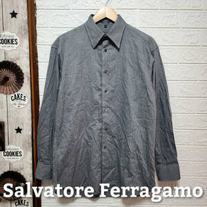 ◇フェラガモ/SalvaｔoreFerragamo◇長袖ストライプシャツ ドレスシャツ グレー Mサイズ イタリア製 送料350円