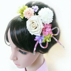 髪飾り 花 バラと菊小花 白ピンク 和装 結婚式 成人式 卒業式 振袖 簪(1)