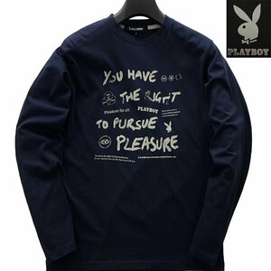 新品 プレイボーイ 24年春夏 プリント カットソー L 紺【41029_79】 PLAYBOY ロンT バニー ロゴ 長袖 コットン Tシャツ メンズ