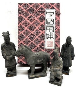 中国秦俑 西安 兵馬俑 4体セット 置物 馬兵士像/土人形/焼き物/中国古玩/ヴィンテージ