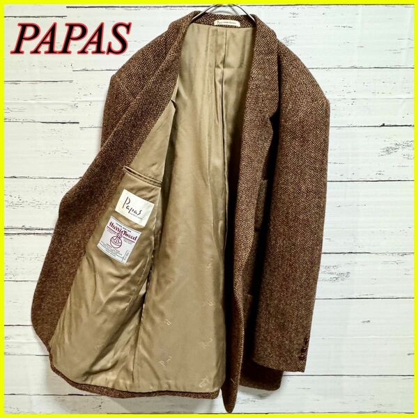 【美品】Papas HarrisTweed パパス ハリスツイード ジャケット テーラードジャケット くるみボタン ウール L