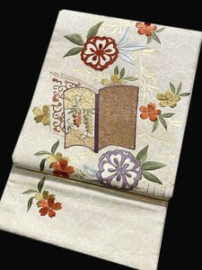 ★きものさらさ　アンティーク着物帯★大正ロマン　昼夜帯　日本刺繍　桜に冊子文様　古布　古裂　正絹　春花