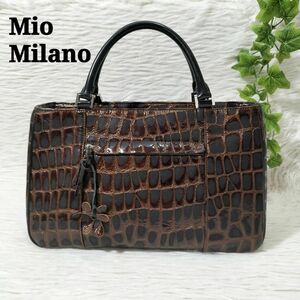 Mio Milano ミオミラノ ハンドバッグ トートバッグ クロコ型押し エナメル レザー フラワーチャーム ブラウン