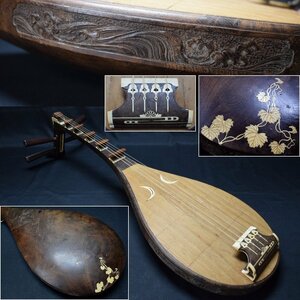 [ side wave sculpture * back surface ..* wood grain. is good mulberry made * high class half month skill * four string ]. front biwa era traditional Japanese musical instrument 