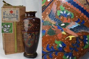 宮内庁御用達【安藤七宝店】龍鳳凰文 七宝 花瓶 唐木台付 共箱