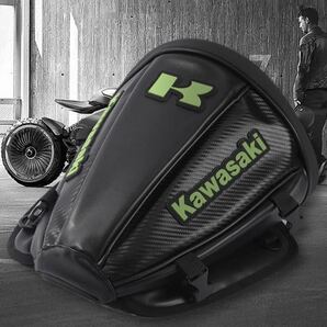 【バイク用リアシートバッグ】カウル型 簡易防水 コンパクトシートバッグ フルレザータイプ ツーリングバッグ Kawasakiロゴ シートバッグの画像1