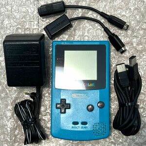 〈準美品・動作確認済〉GBC ゲームボーイカラー 本体 ブルー CGB-001+通信ケーブル・ゲームボーイポケット 変換コネクタ GAMEBOY COLOR RED