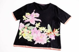 ☆美品☆LEONARDレオナール/花柄刺繍コットンシルクニットプルオーバー：LL/黒系xw582